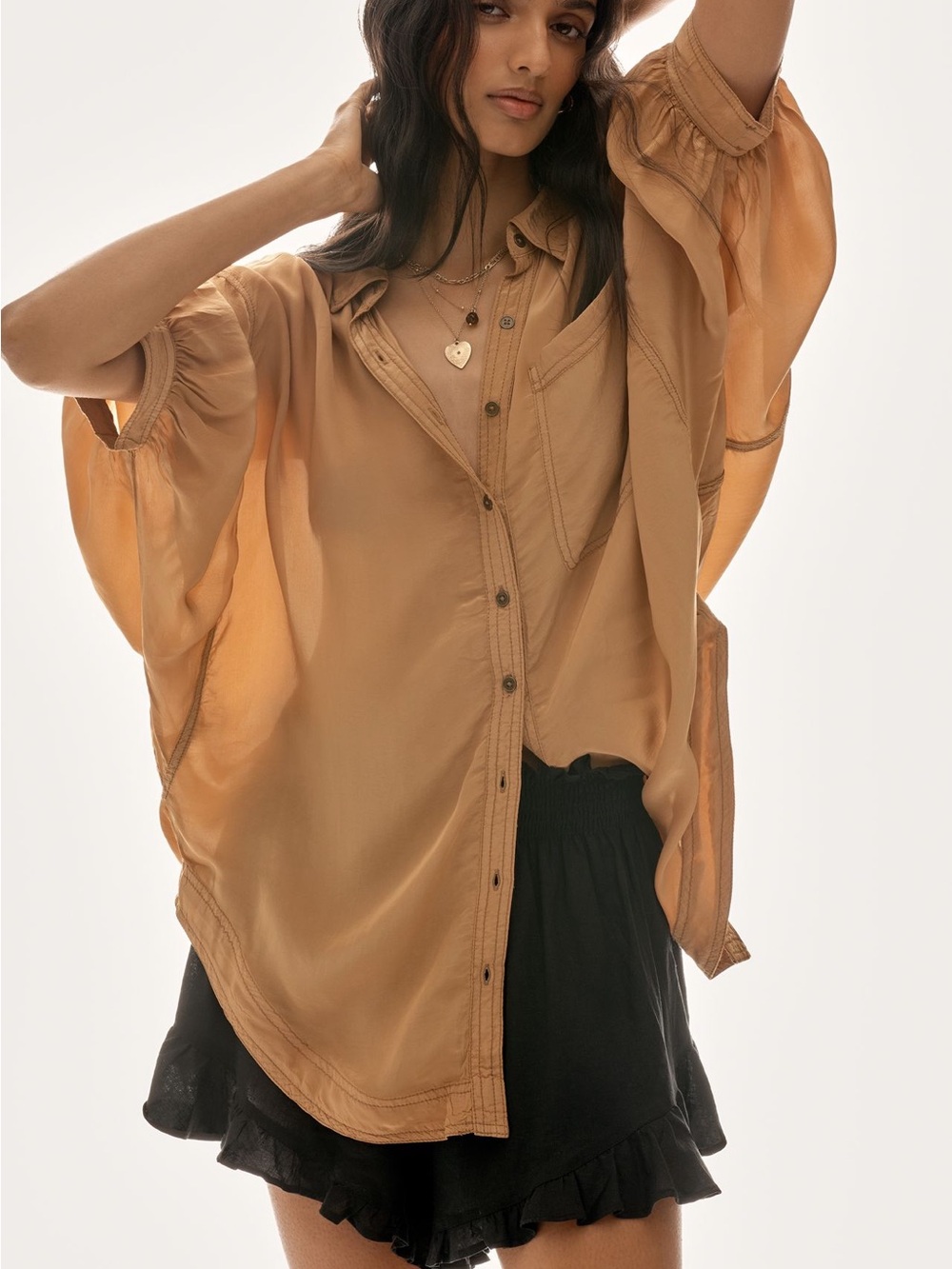 ANTHRO Women’s Tan Button-Front Flowing Blouse Iced Coffee